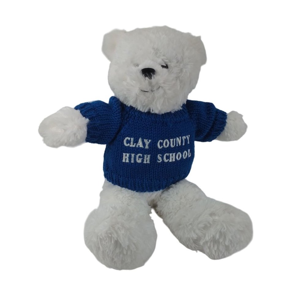 US Balloon White Teddy Bear Plush 14" W/Blue Sweater "Clay County High School"